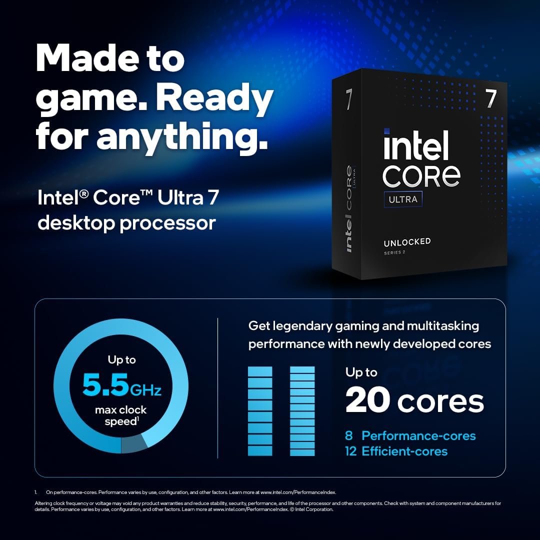 Intel Core Ultra 7 265KF 20C/20T (8P+12E), 5.5GHz Turbo, 30MB L3, 125W Base/250W Turbo, DDR5-6400, PCIe 5.0, AI Boost 25 TOPS, FCLGA1851