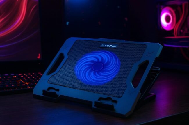 UTOPIA UC-300 Laptop Cooling Fan, 14 cm Fan with LED Light, Dual USB Ports, 5 Height Levels, Compatible with Devices up to 17"