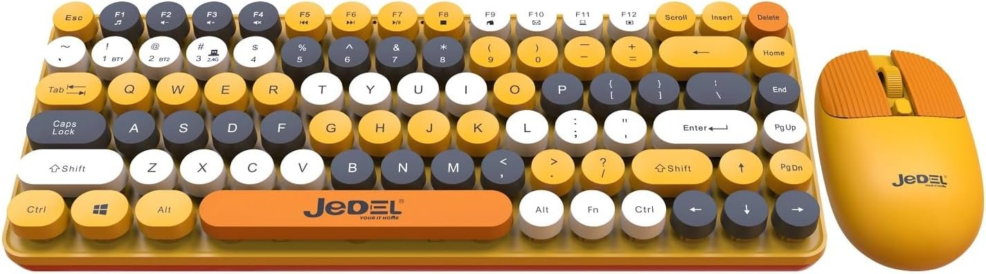 JEDEL WS682 Dual Mode Combo (Bluetooth & Wireless) Silent Keyboard & Mouse (Share USB Receiver) - Multi Devices up 3 - AR/EN Pop Retro Keys –1600DPI – Support Android & Win